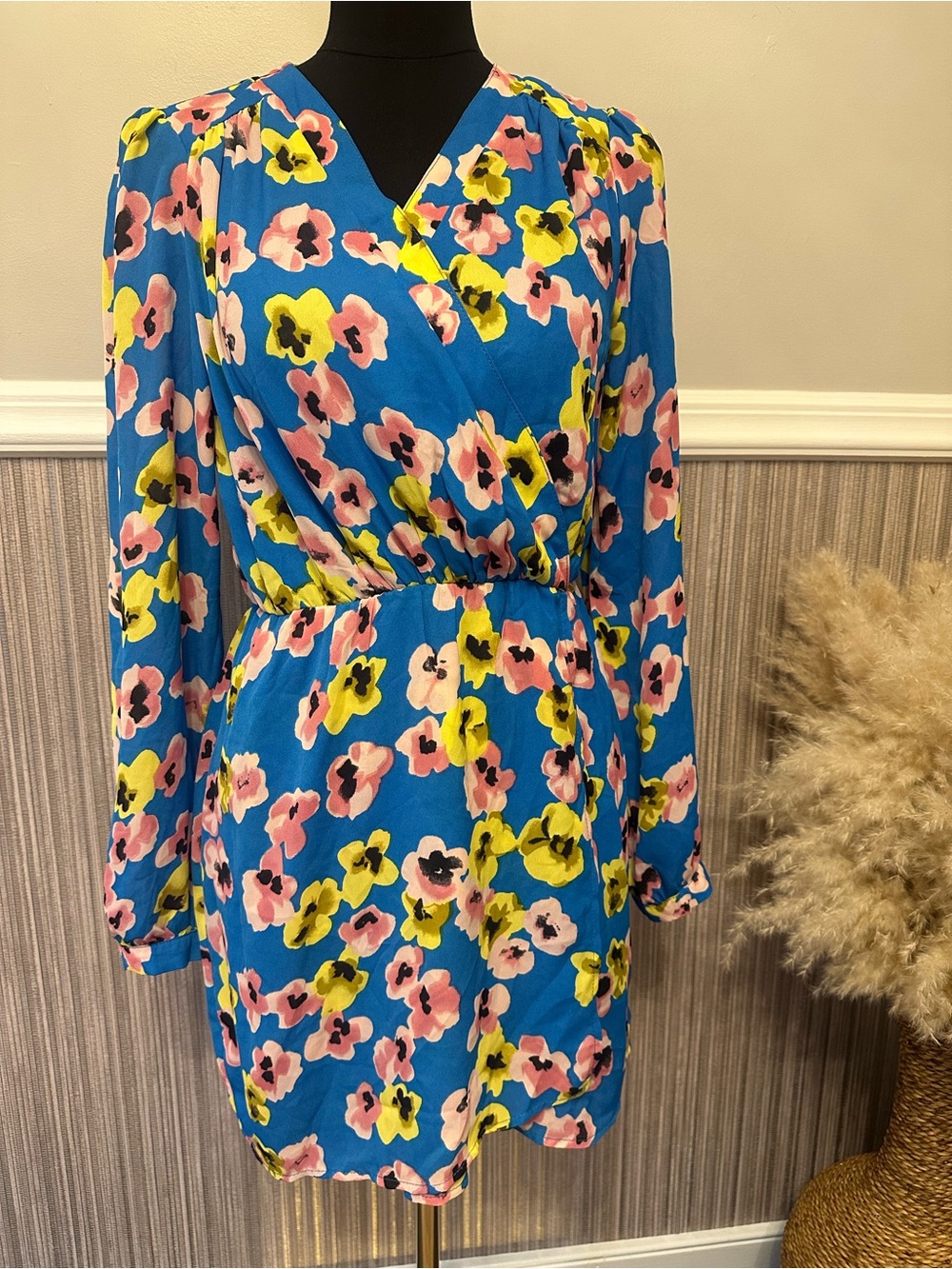 Lulus Blue Floral Faux Wrap Dress Long Sleeve Nursing Friendly Medium